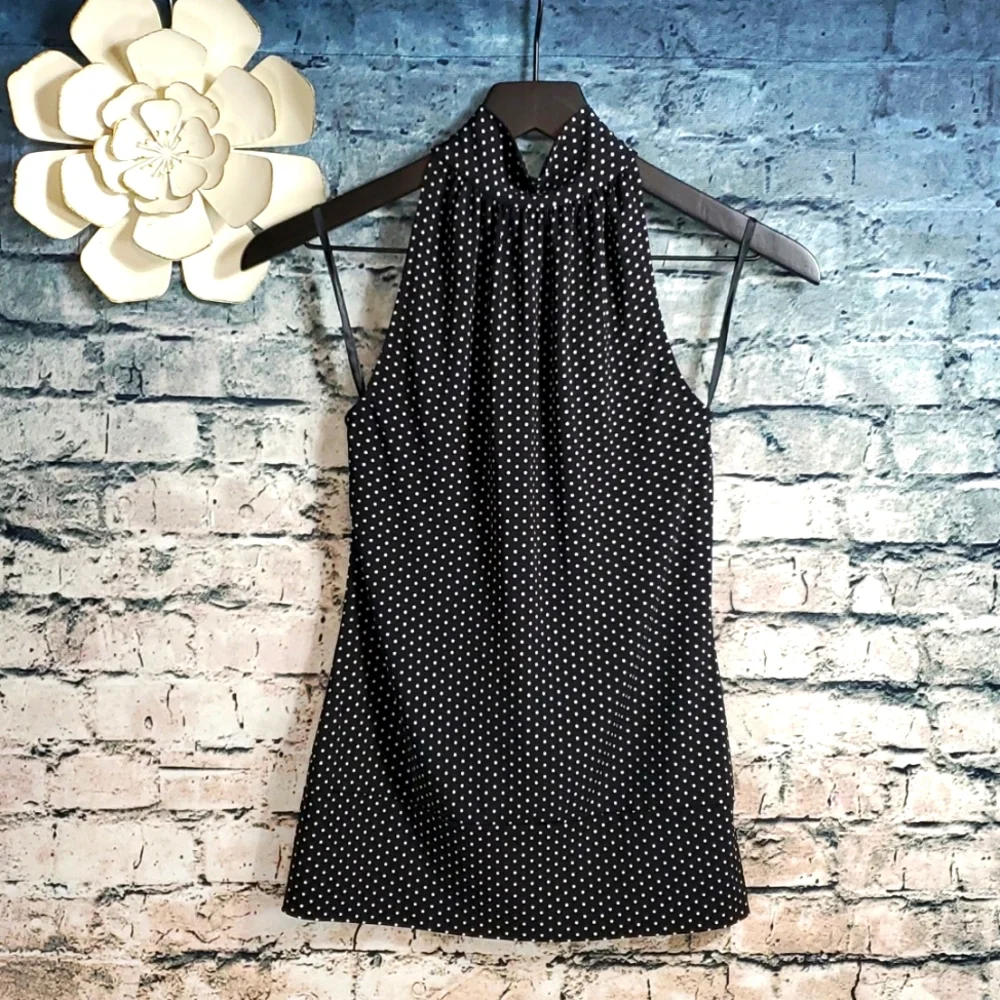 White House Black Market | Retro Rockabilly Black White Polka Dot Halter Top - Picture 1 of 10